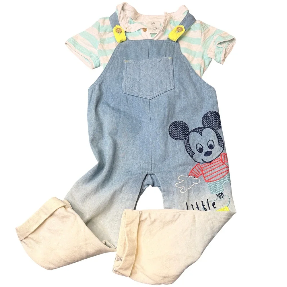 Disney Baby Mickey Mouse Little Explorer Denim Overalls Size 18-24M Striped set